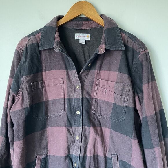 Carhartt Fleece Lined Flannel Button Up Black Maroon Long Sleeve Women's Large - Picture 7 of 11